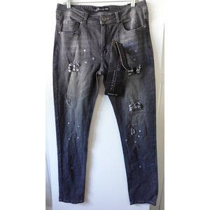 Seven Souls Jeans Mens 34x32 Grey Skinny Fit Distressed Stretch Denim Patchwork